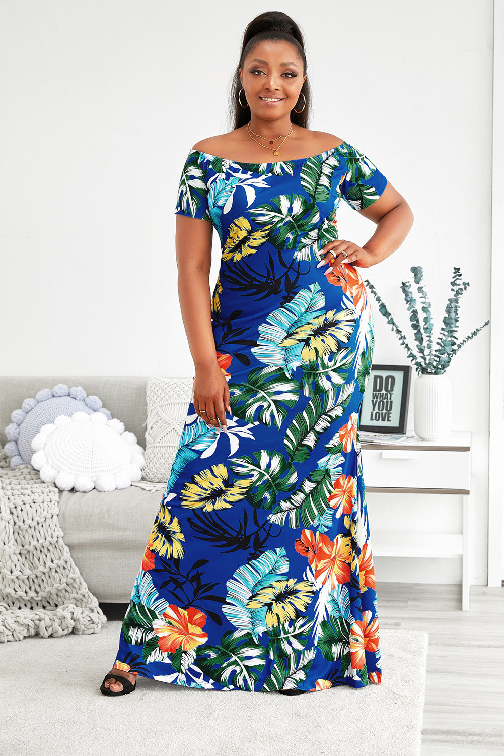 Plus Size Floral Off-Shoulder Short Sleeve Fishtail Dress Trendsi