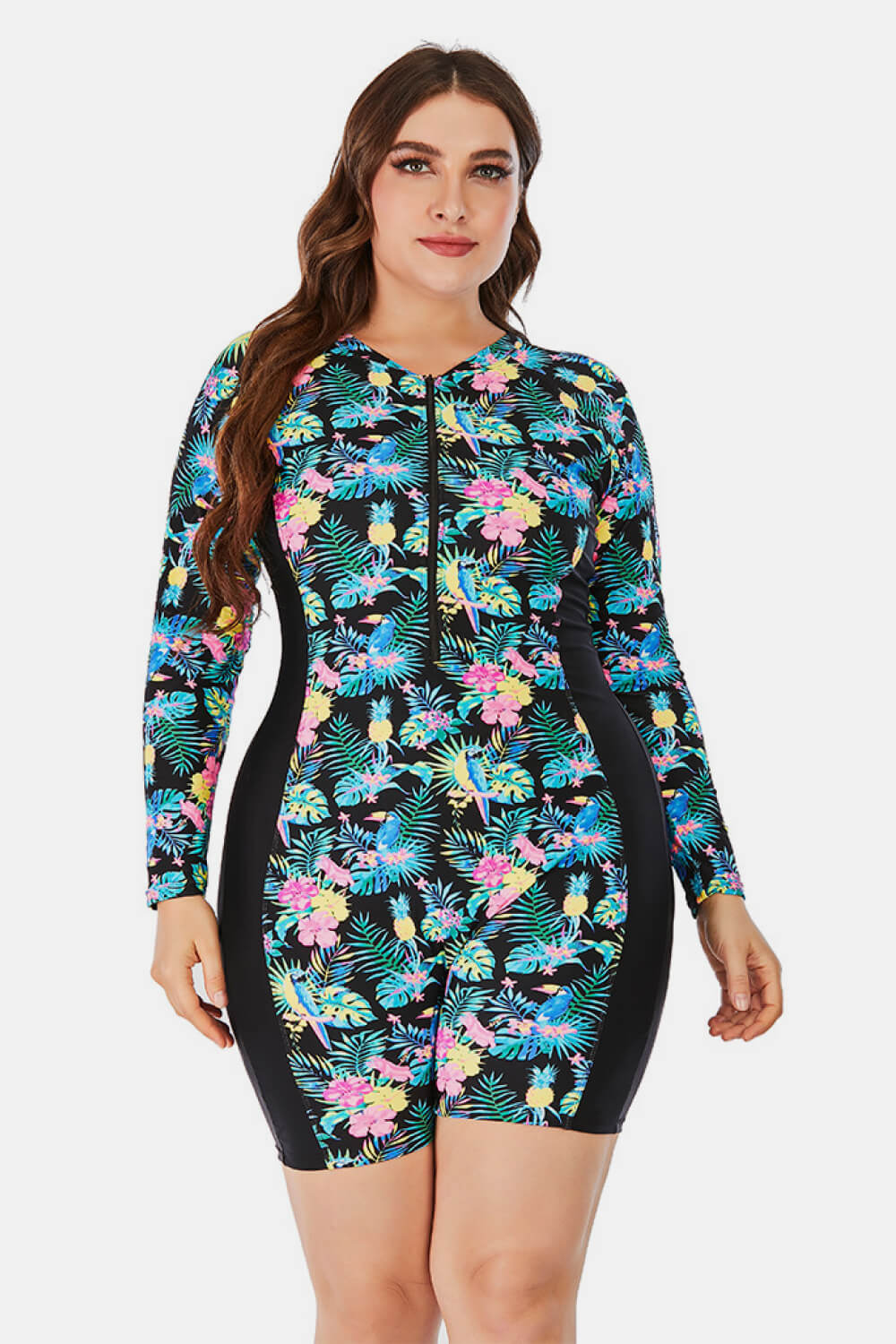 Plus Size Floral Zip Up  Long Sleeve One-Piece Swimsuit Trendsi
