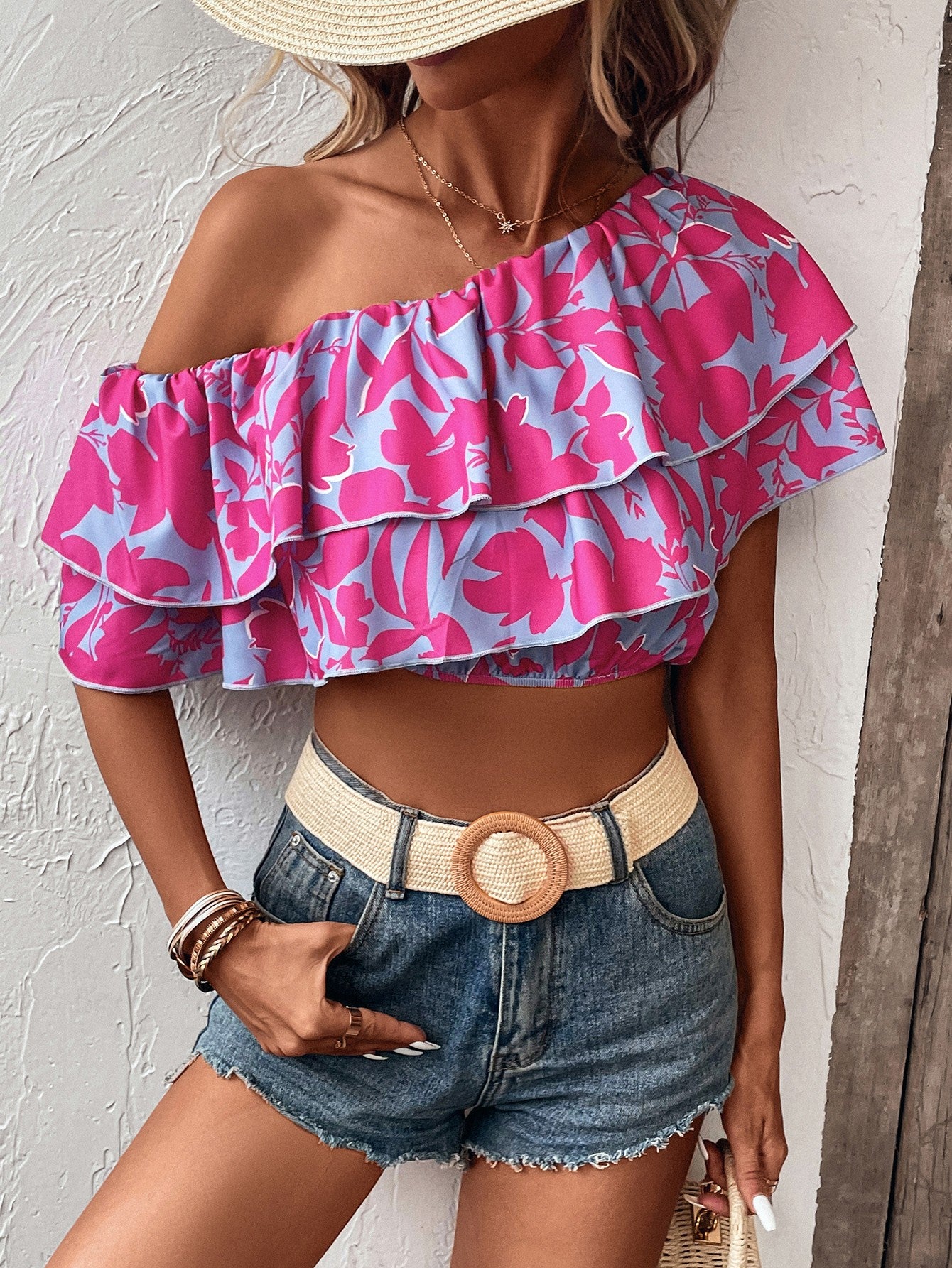 Layered One Shoulder Cropped Blouse Trendsi