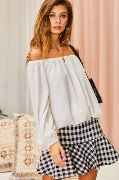 Off Shoulder Long Bubble Sleeve Solid Top Girl Code 
