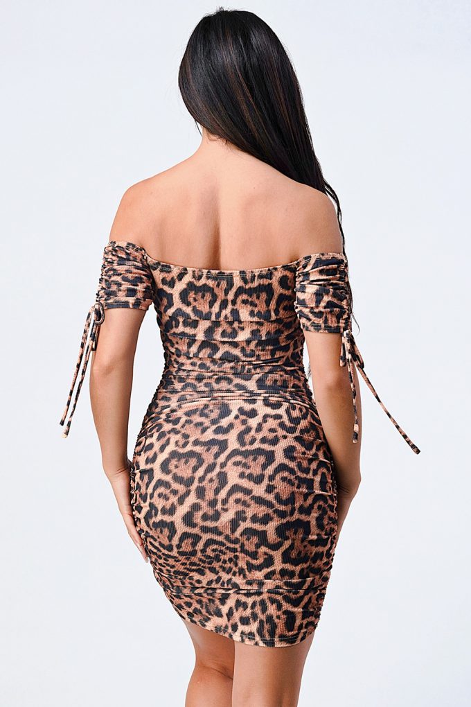 Leopard Print Off Shoulder Shirring Bodycon Dress Girl Code 