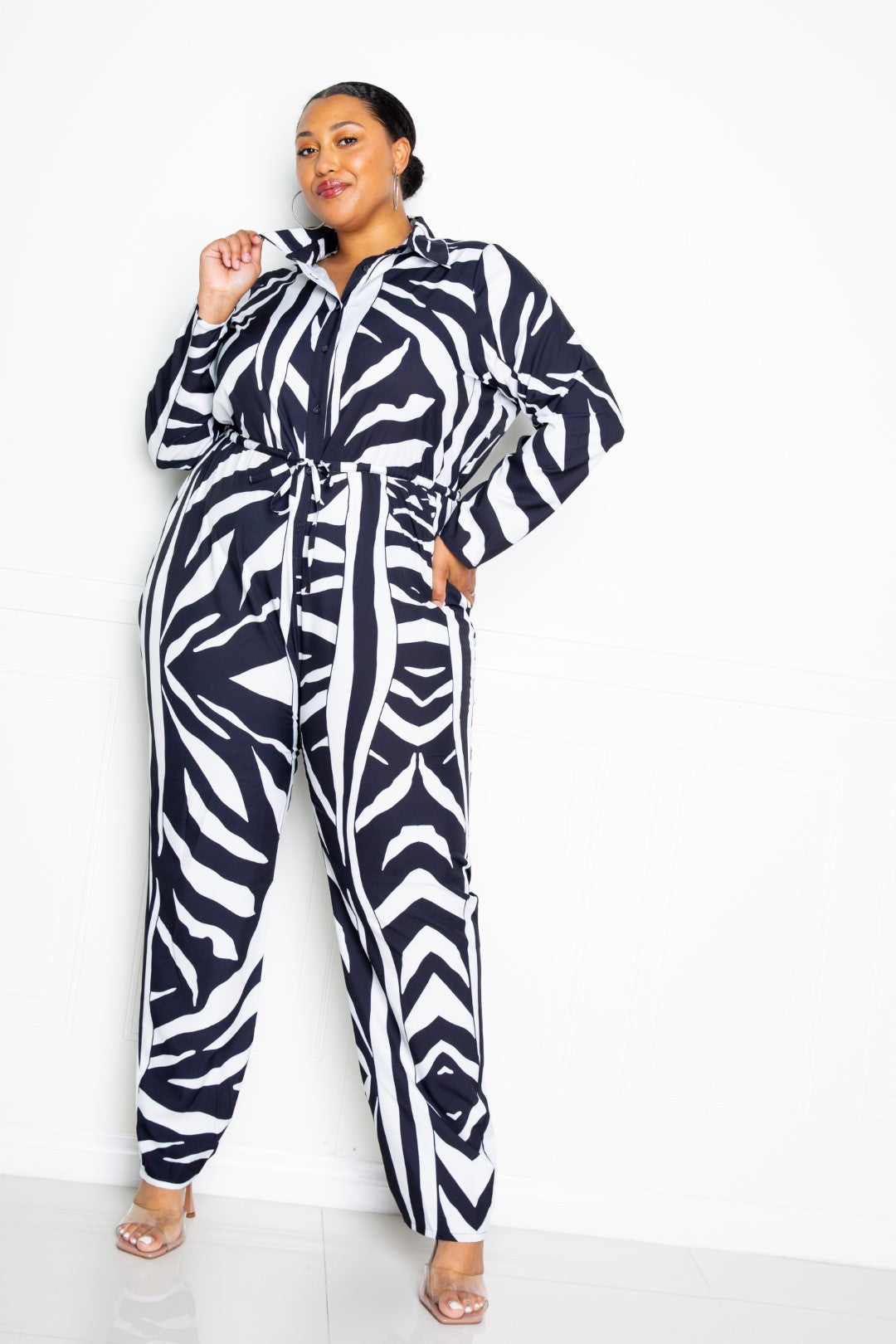 Button Up Long Sleeve Jumpsuit - Black/White / 1XL Clothing Girl Code