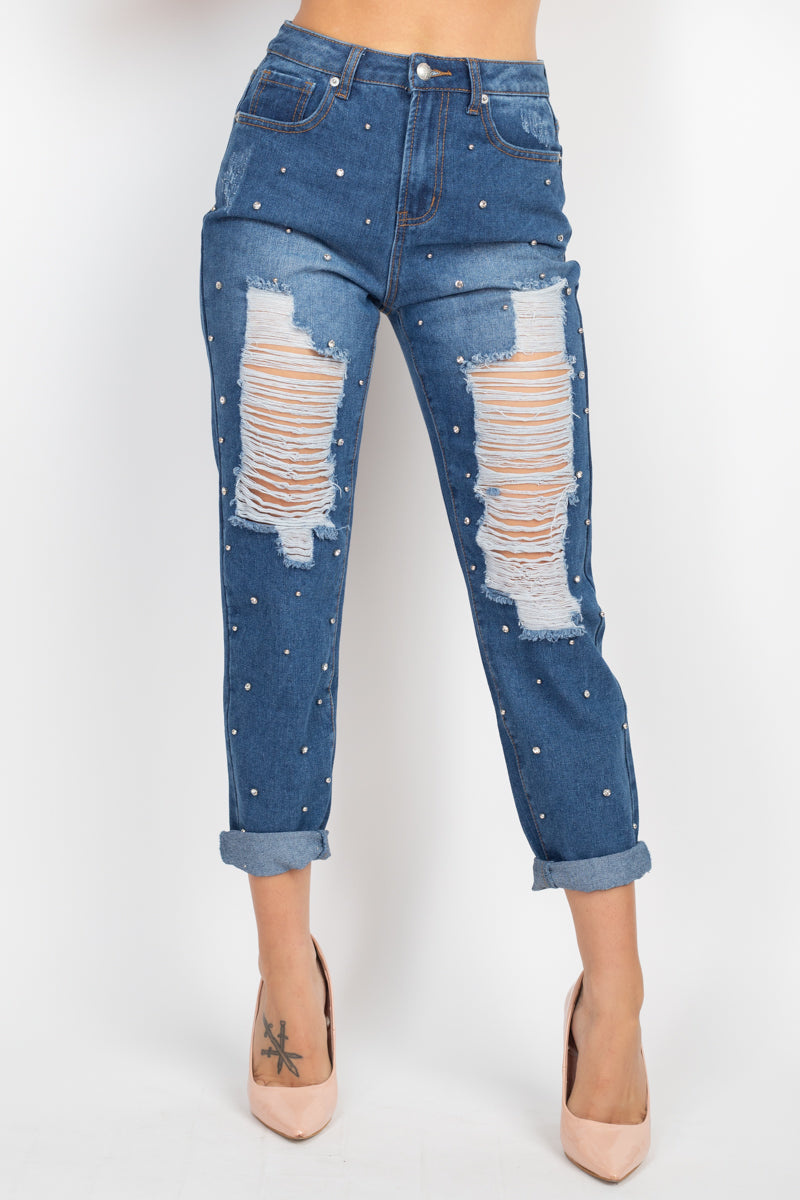 Rhinestones Ripped-front Denim Jeans - S Pants Girl Code