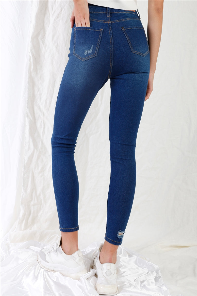Dark Blue High-waisted With Rips Skinny Denim Jeans Girl Code 