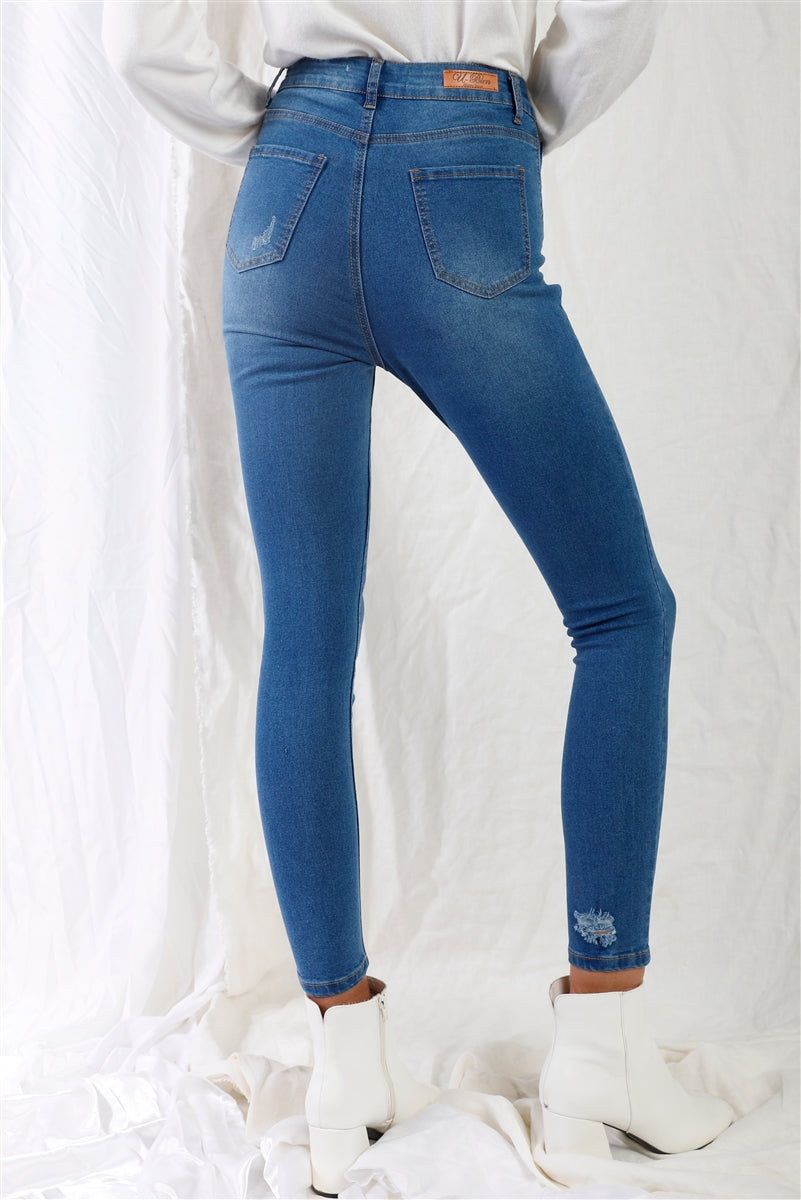 Mid Blue High-waisted With Rips Skinny Denim Jeans Girl Code 
