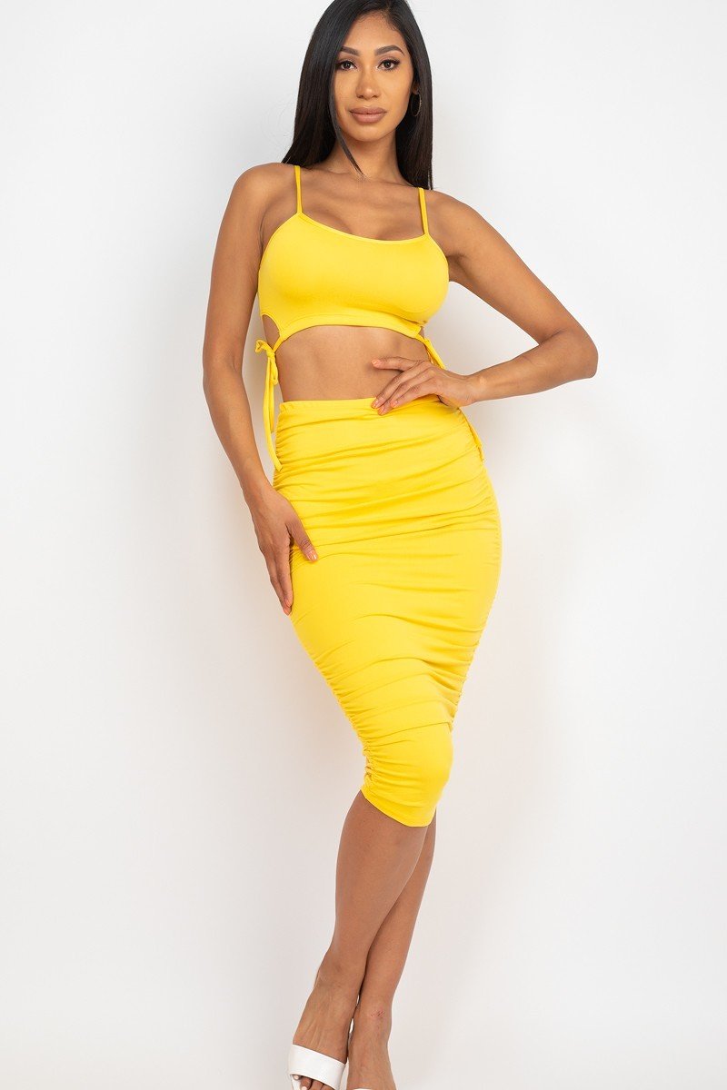 Cut-out Tie Side Crop Top & Ruched Midi Skirt Set - Yellow / S Outfit Sets Girl Code
