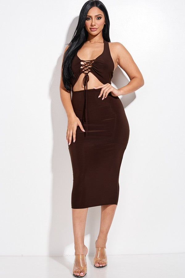 Solid Halter Neck Midi Dress With Criss Cross Front And Cutout Girl Code 
