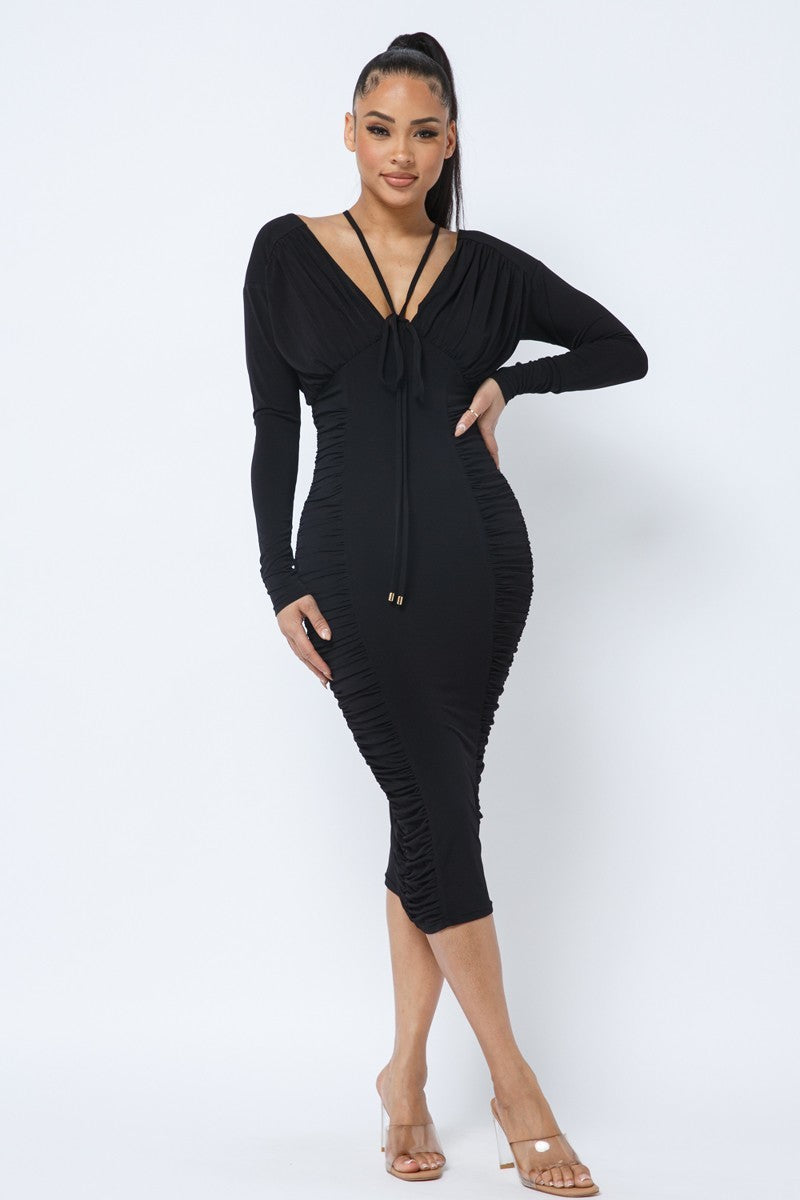 Long Sleeve Midi Dress With Low V Neck Front And Back With Ruching On Sides And Chest Girl Code 