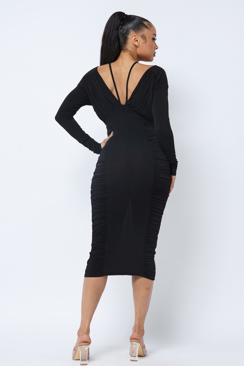 Long Sleeve Midi Dress With Low V Neck Front And Back With Ruching On Sides And Chest Girl Code 