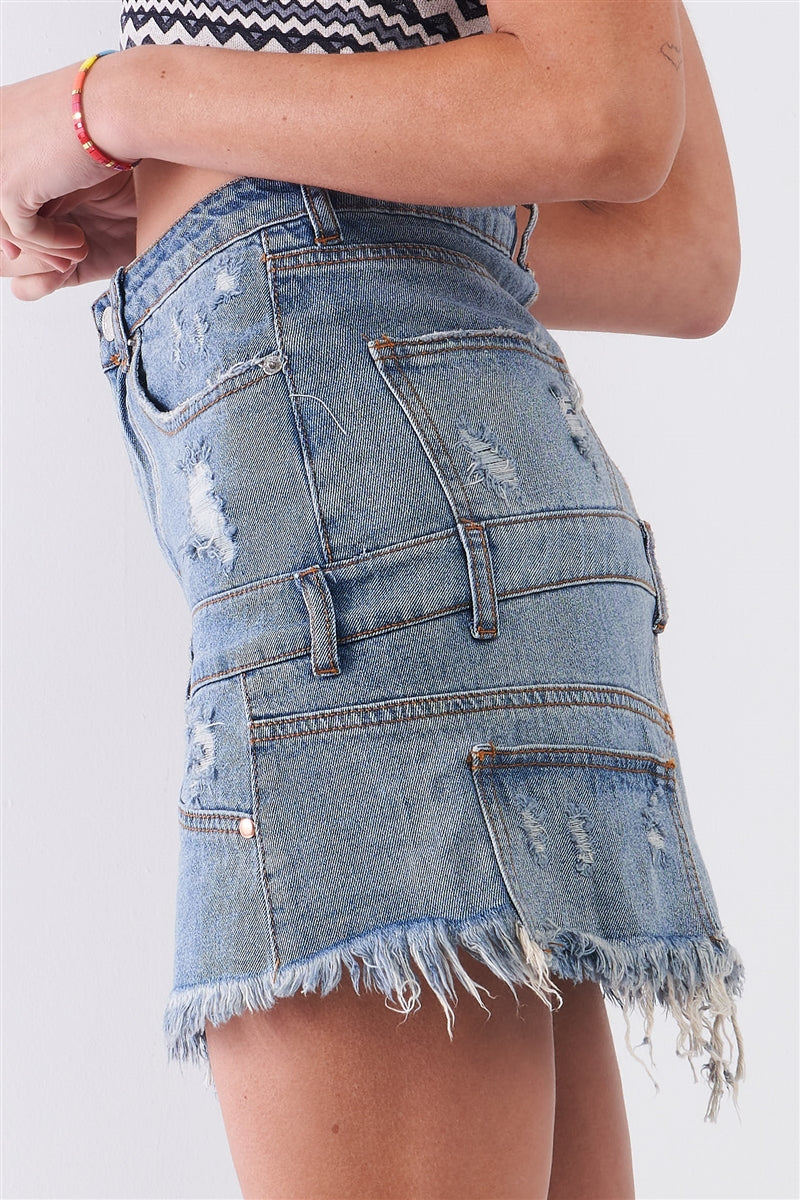 Medium Blue Denim High-waist Distressed Effect Asymmetrical Trim Raw Hem Detail Mini Skirt Girl Code 