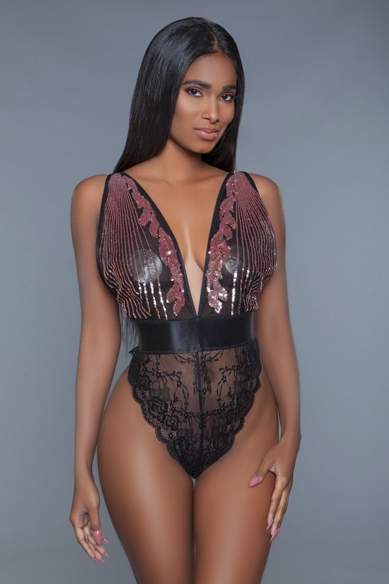 Cut-out Lace Bottoms With Raspberry-pink Sequins Plunging Sheer Neckline - Accessories Girl Code