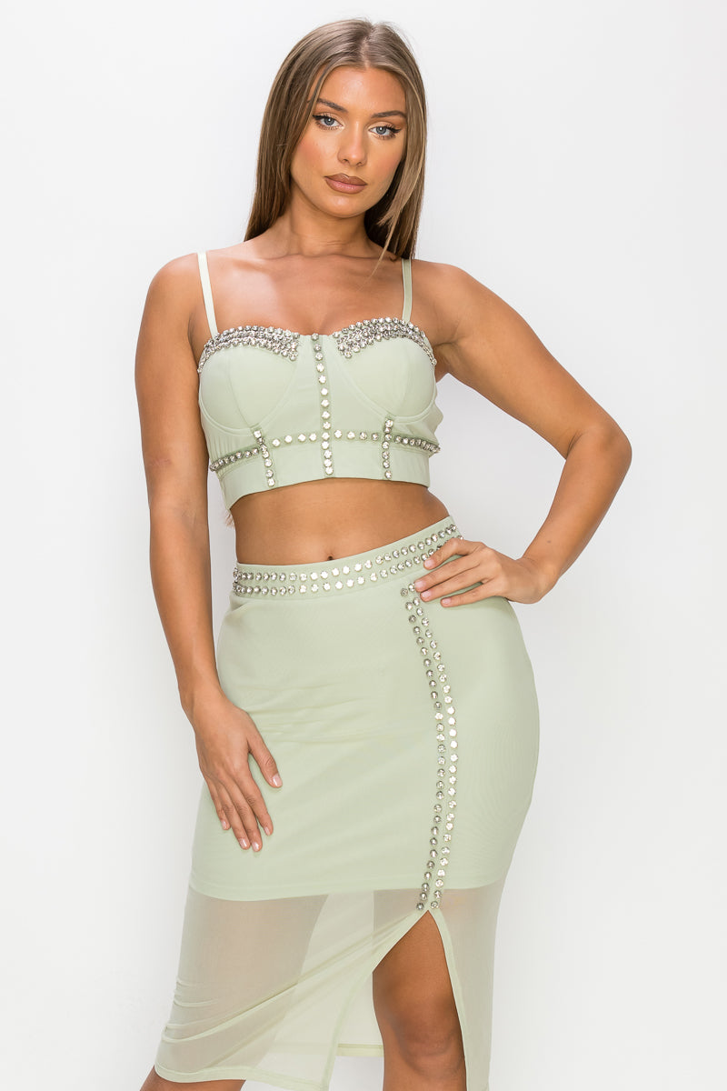 Studded Stone Cami Top & Slit Mini Skirts Set Girl Code 