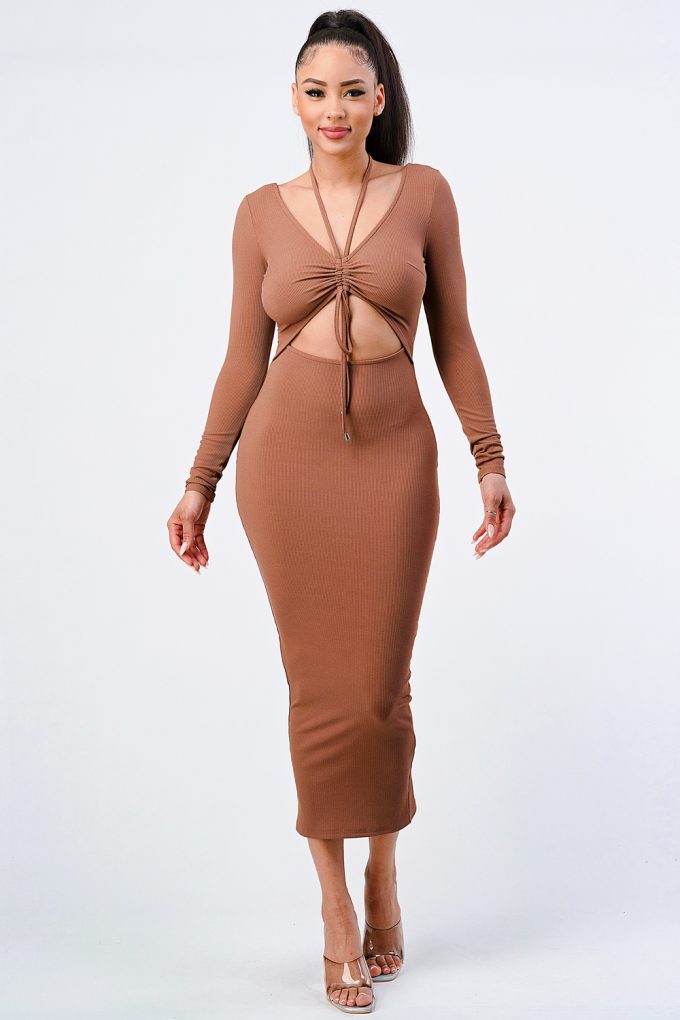 Trendy Front Shirring Cut-out Long Sleeved Dress Girl Code 