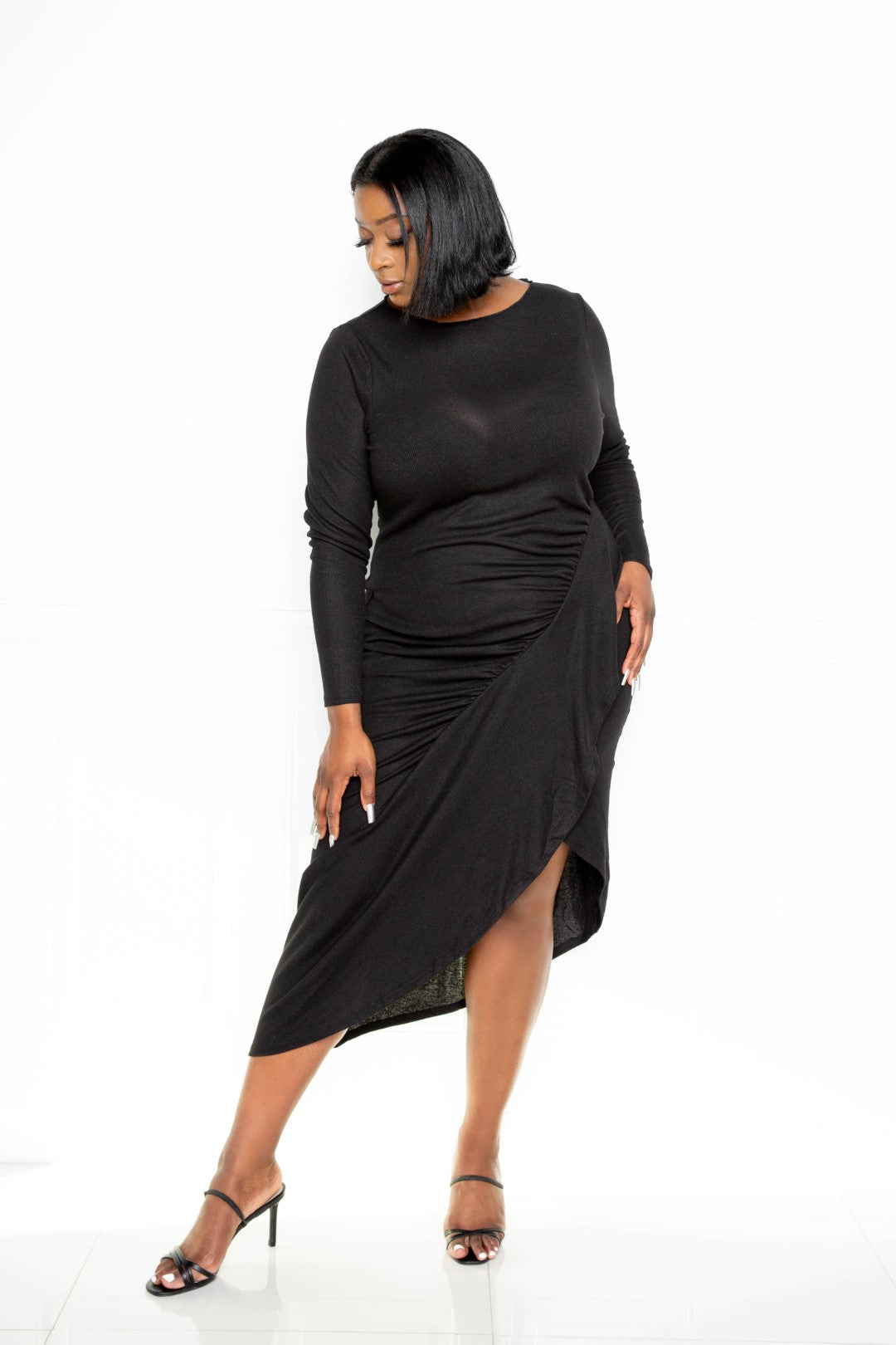 Asymmetrical Sweater Dress With Waterfall Ruffle - Black / 1XL dress Girl Code