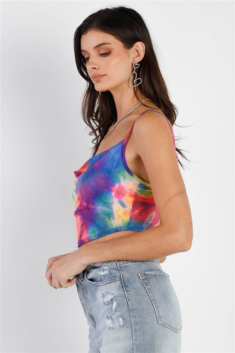 Multi Color Neon Tie-dye Lurex Cowl Neck Sleeveless Crop Top Girl Code 