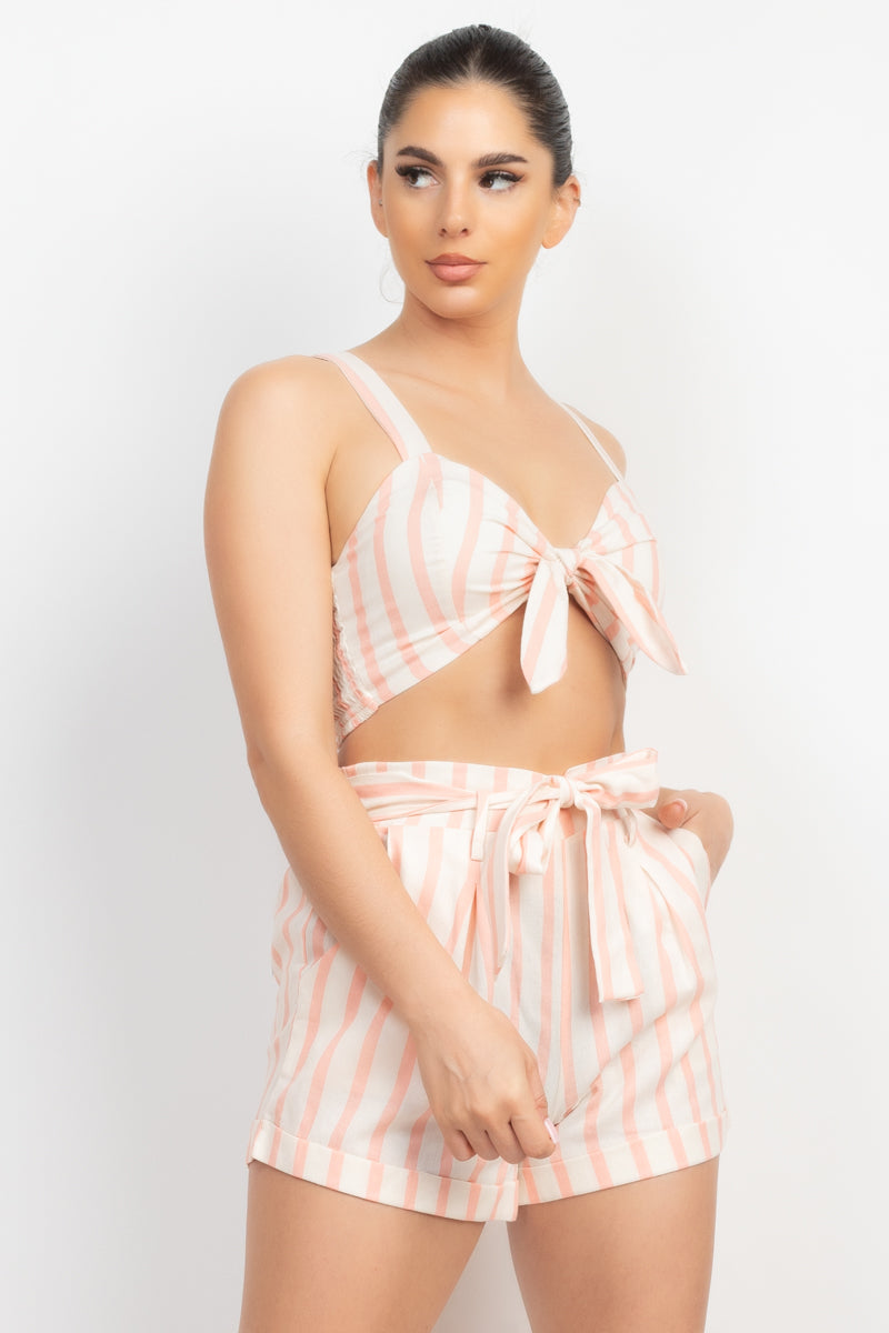 Tie-front Striped Crop Top & Belted Shorts Set Girl Code 