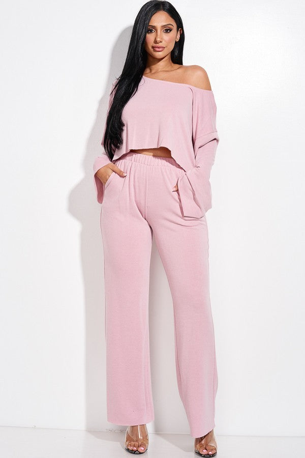 Solid French Terry Long Slouchy Long Sleeve Top And Pants With Pockets Two Piece Set Girl Code 