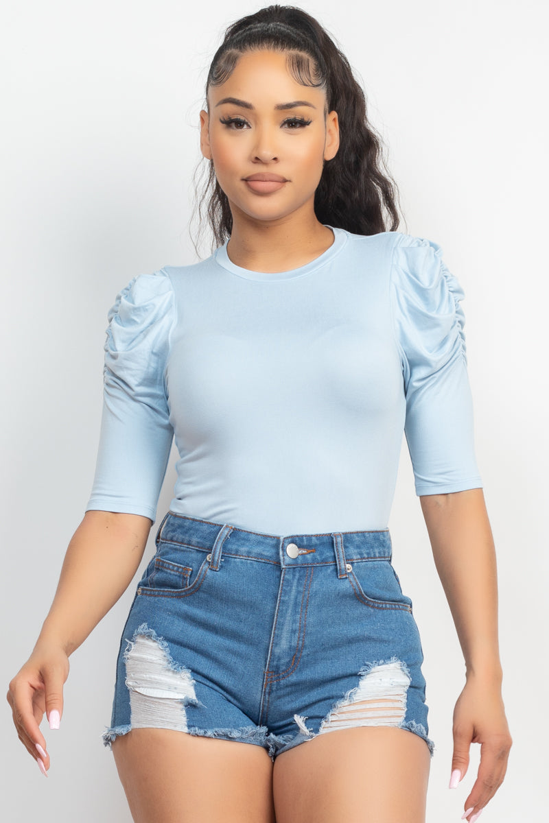 Round Neck Puff Ruched Sleeve Top Girl Code 