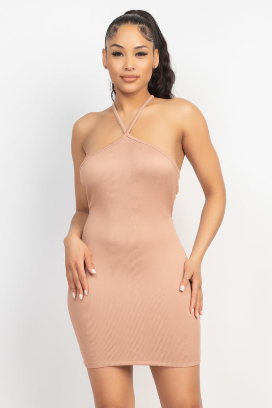 Halter Neck Ribbed Seamless Cut-out Dress - Dresses Girl Code