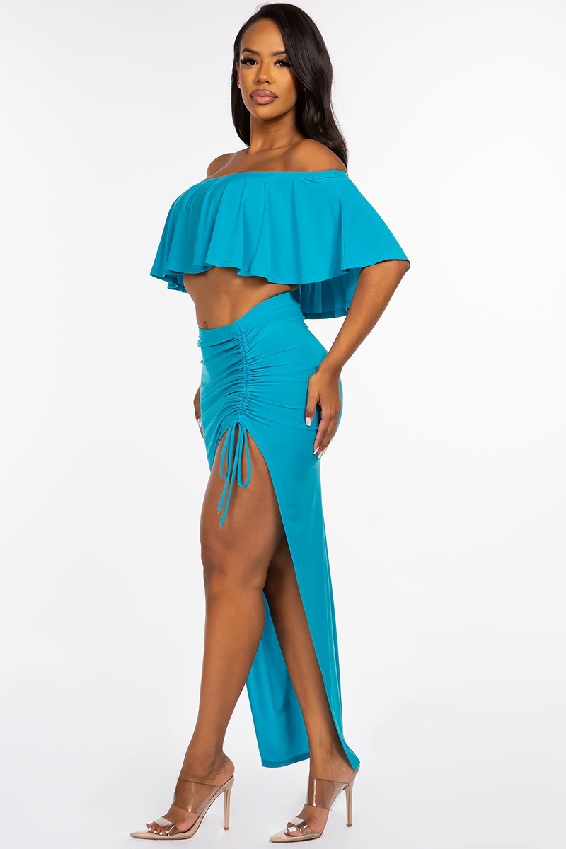 Off The Shoulder Ruffled Cropped Top And Ruched Maxi Skirt Set Girl Code 