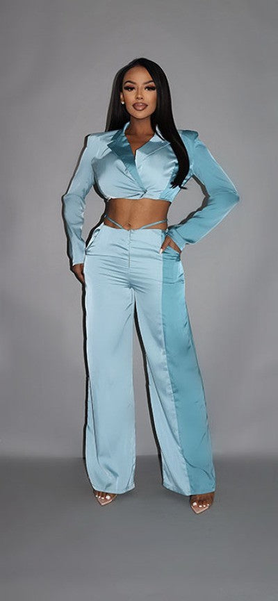 Colorblock Crop Blazer With Matching Low Rise Wide Leg Pant Set With Pockets - Outfit Sets Girl Code
