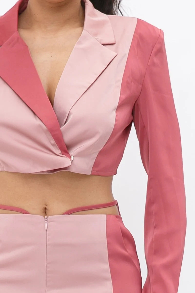 Colorblock Crop Blazer With Matching Low Rise Wide Leg Pant Set With Pockets - Outfit Sets Girl Code