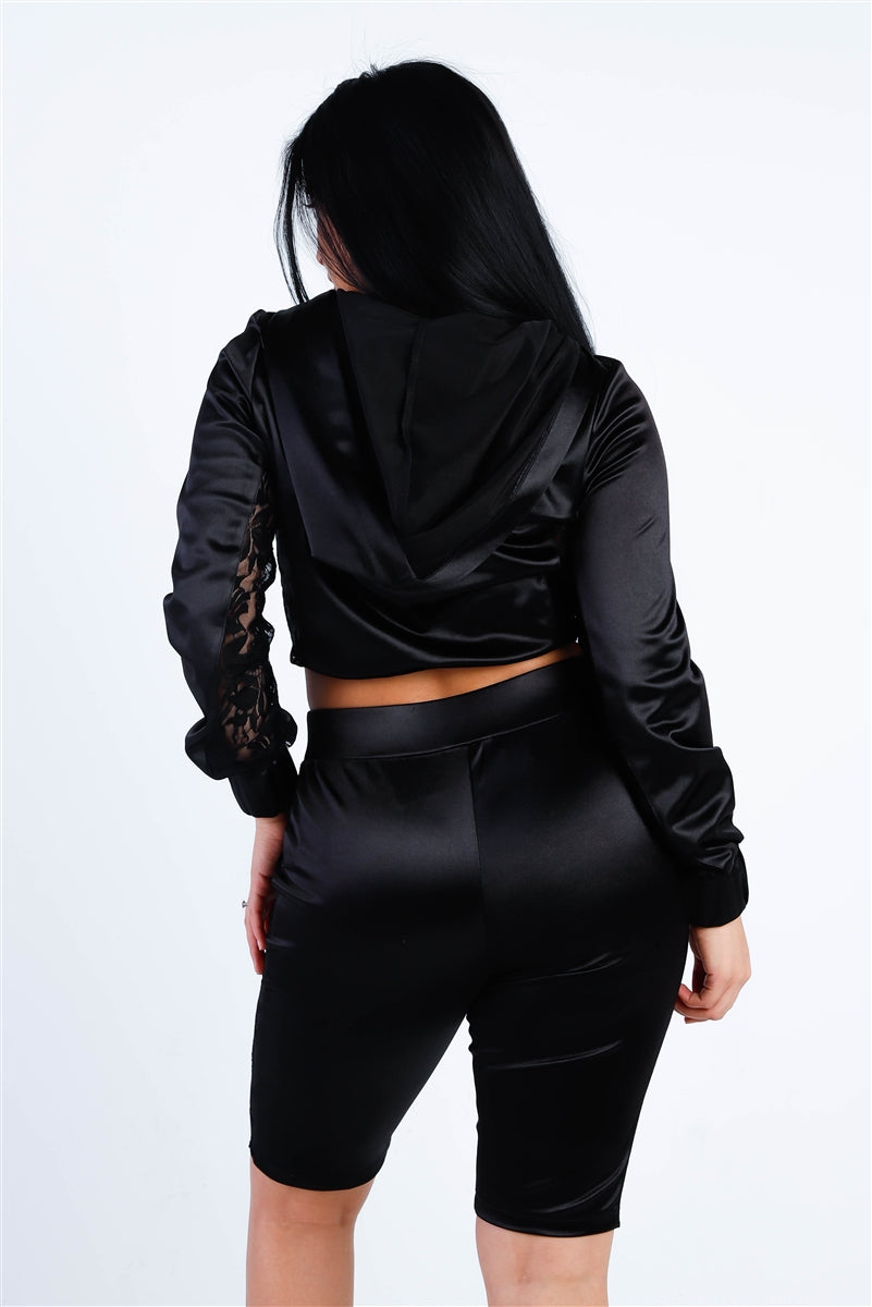 Black Satin Lace Details Long Sleeve Hooded Crop Top & Biker Short Set - Girl Code