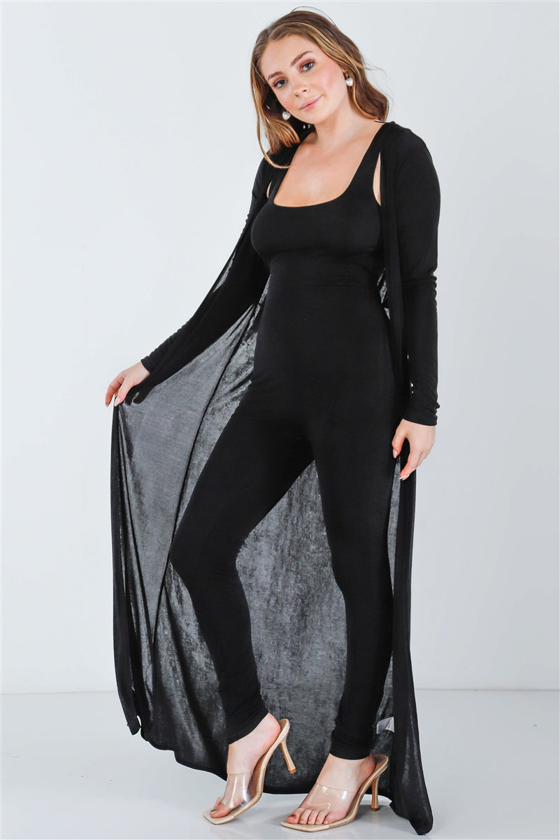 Black Sleeveless Cut-out Detail Slim Fit Jumpsuit & Open Front Long Sleeve Cardigan Set - Girl Code