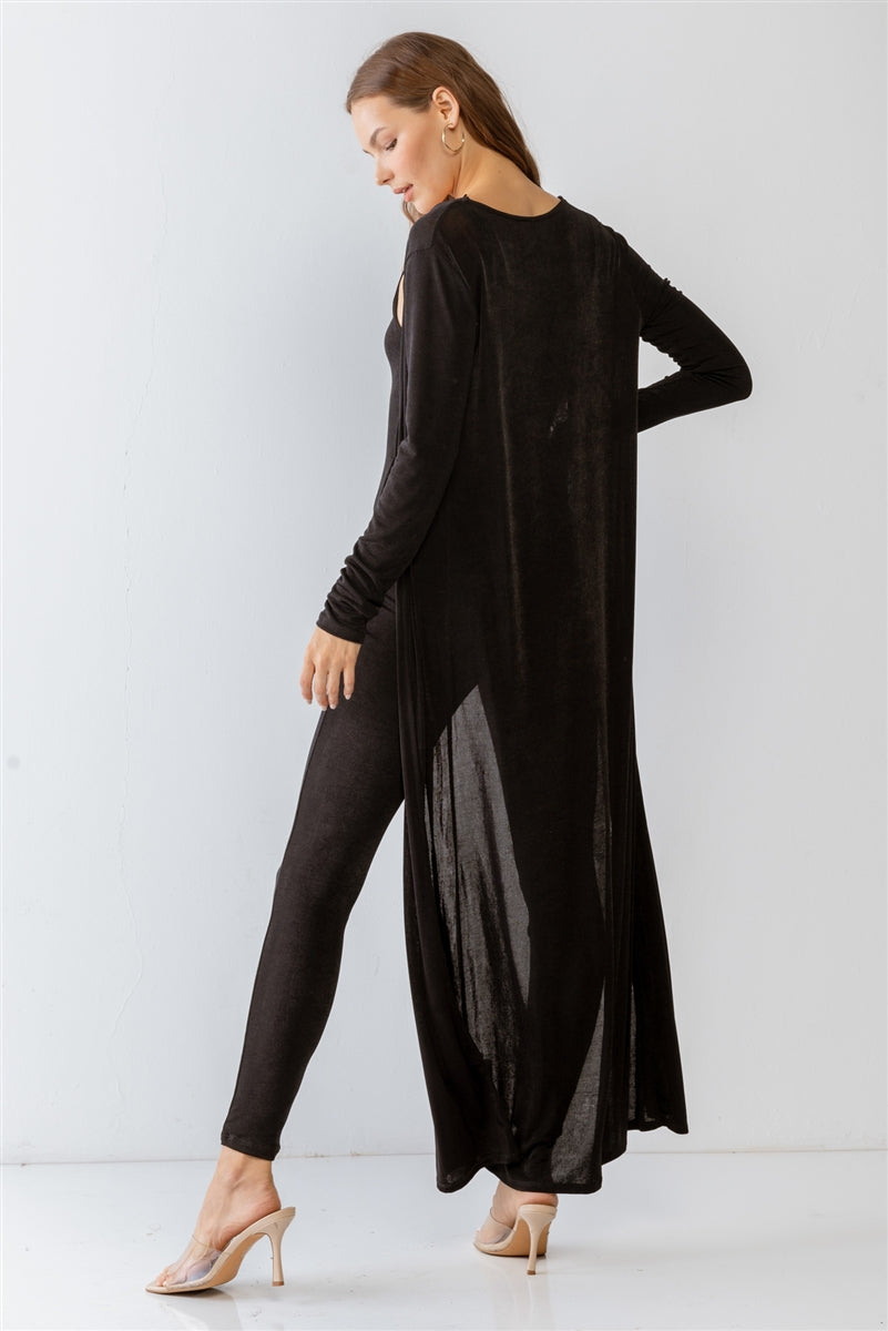 Black Sleeveless Cut-out Detail Slim Fit Jumpsuit & Open Front Long Sleeve Cardigan Set - Girl Code