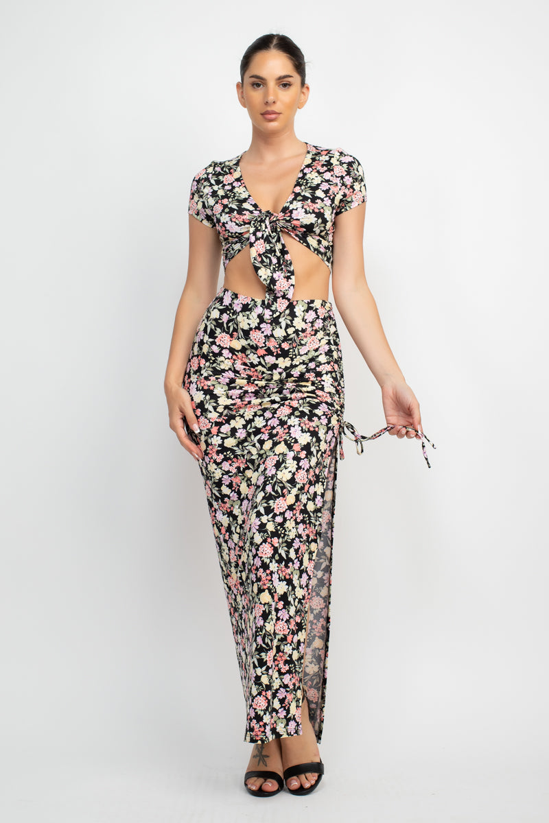 Front Knot Floral Top & Ruched Maxi Skirts Set Girl Code 