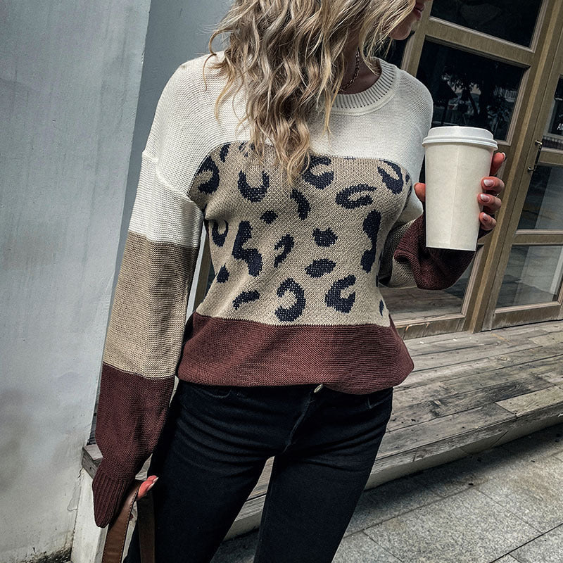 Leopard Color Block Ribbed Trim Tunic Sweater Trendsi