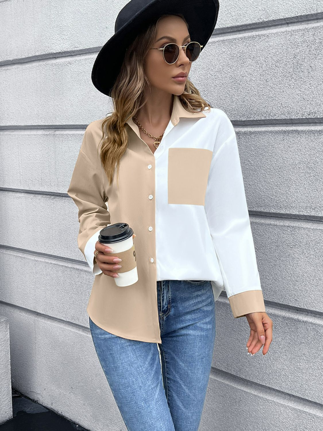 Color Block Button Down Shirt - Khaki / S Apparel & Accessories Girl Code