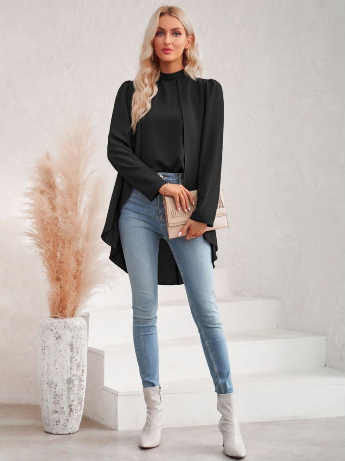 Long Puff Sleeve High-Low Blouse Trendsi