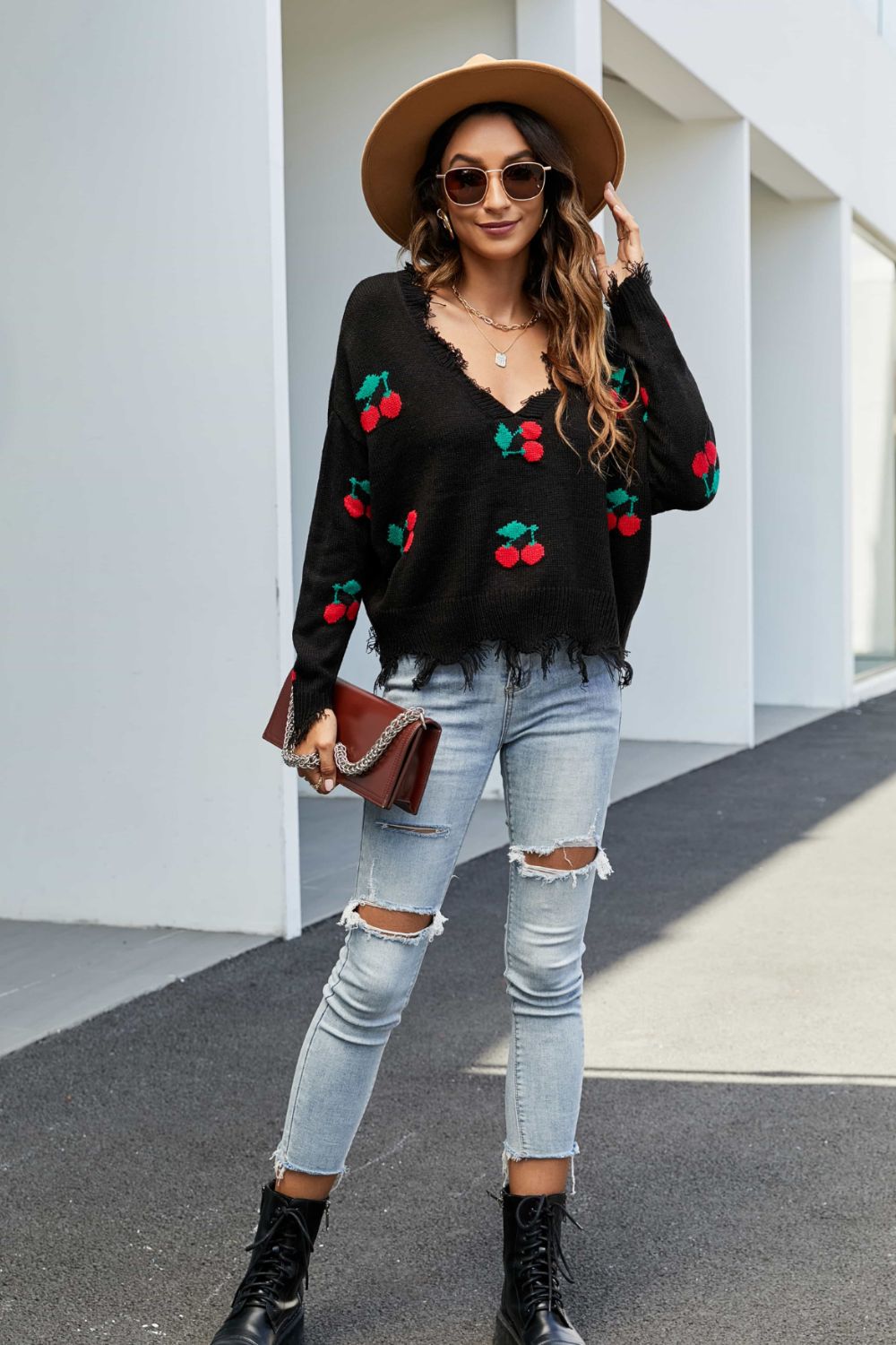 Cherry Pattern Frayed Trim V-Neck Sweater - Black / S Apparel & Accessories Girl Code