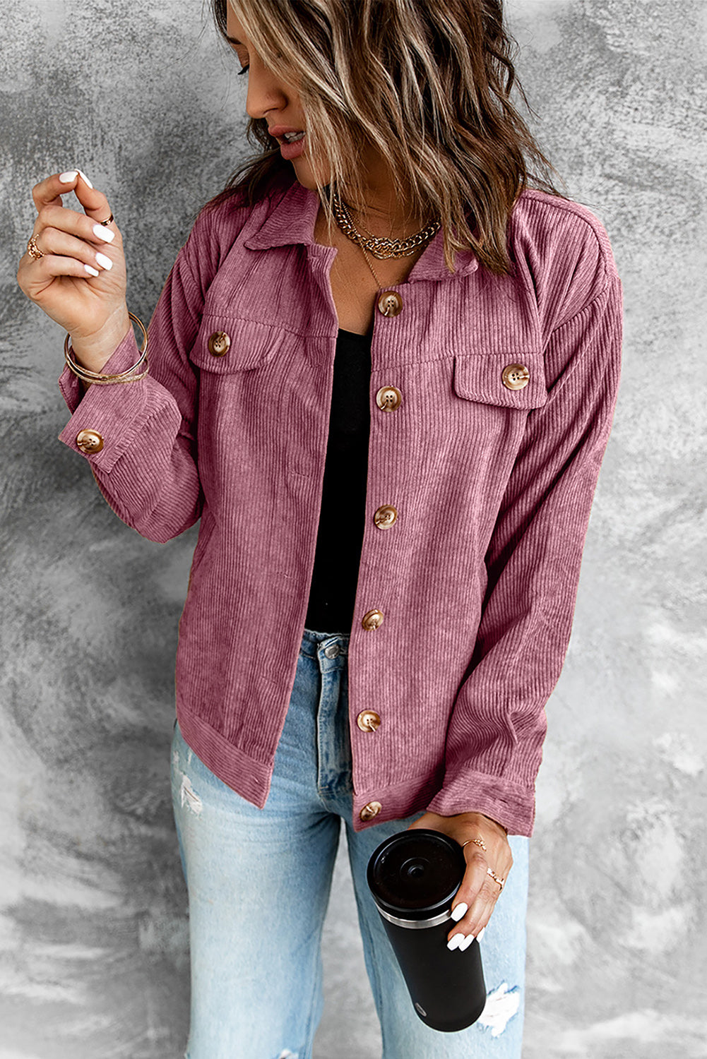 Corduroy Long Sleeve Jacket - Pink / S Apparel & Accessories Girl Code