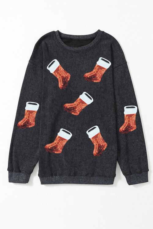 Sequin Christmas Boot Round Neck Sweatshirt