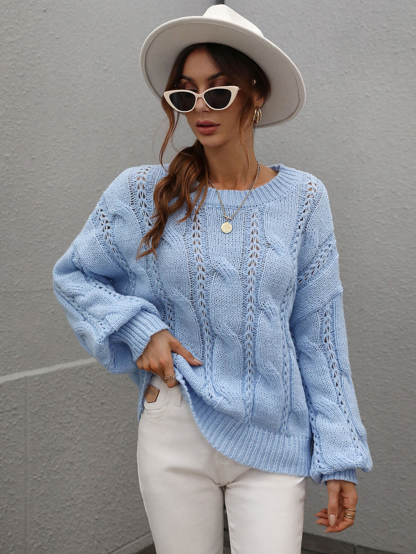 Cable-Knit Openwork Round Neck Sweater - Blue / S Girl Code