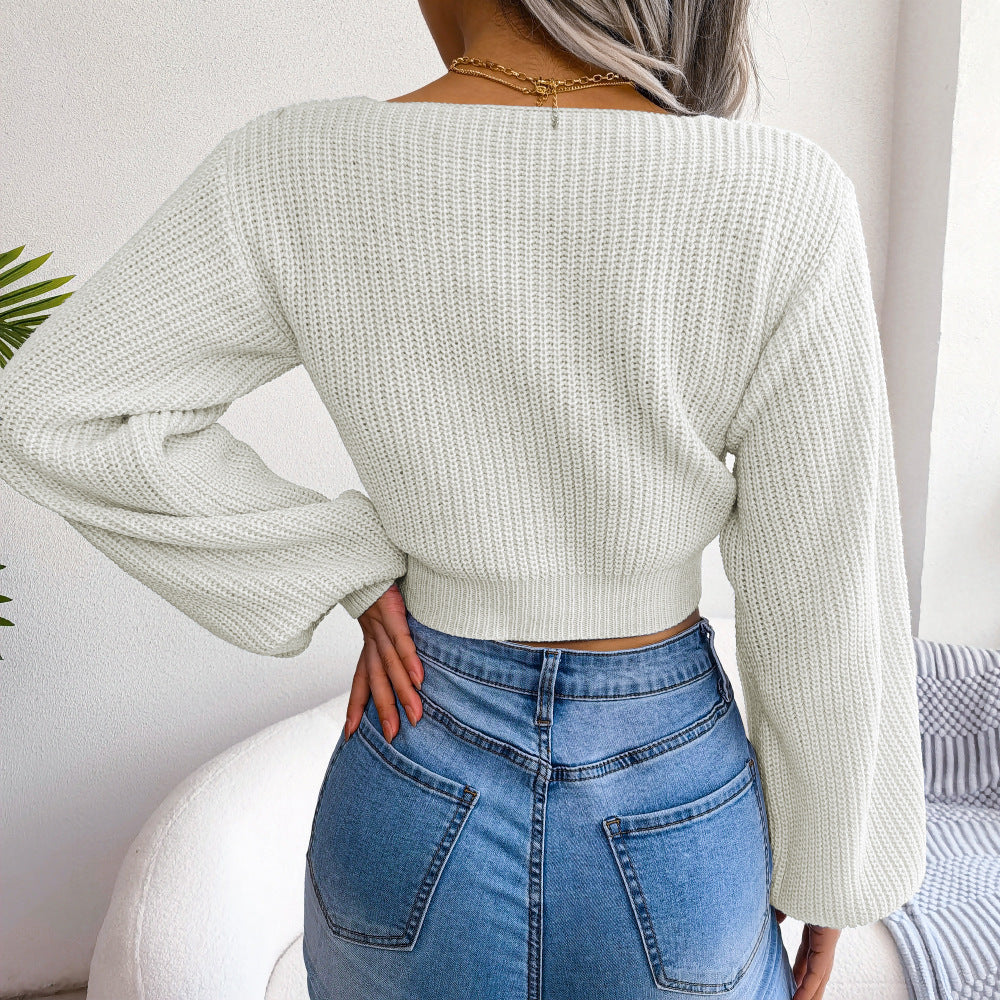 Tie-Front Rib-Knit Cropped Sweater Trendsi