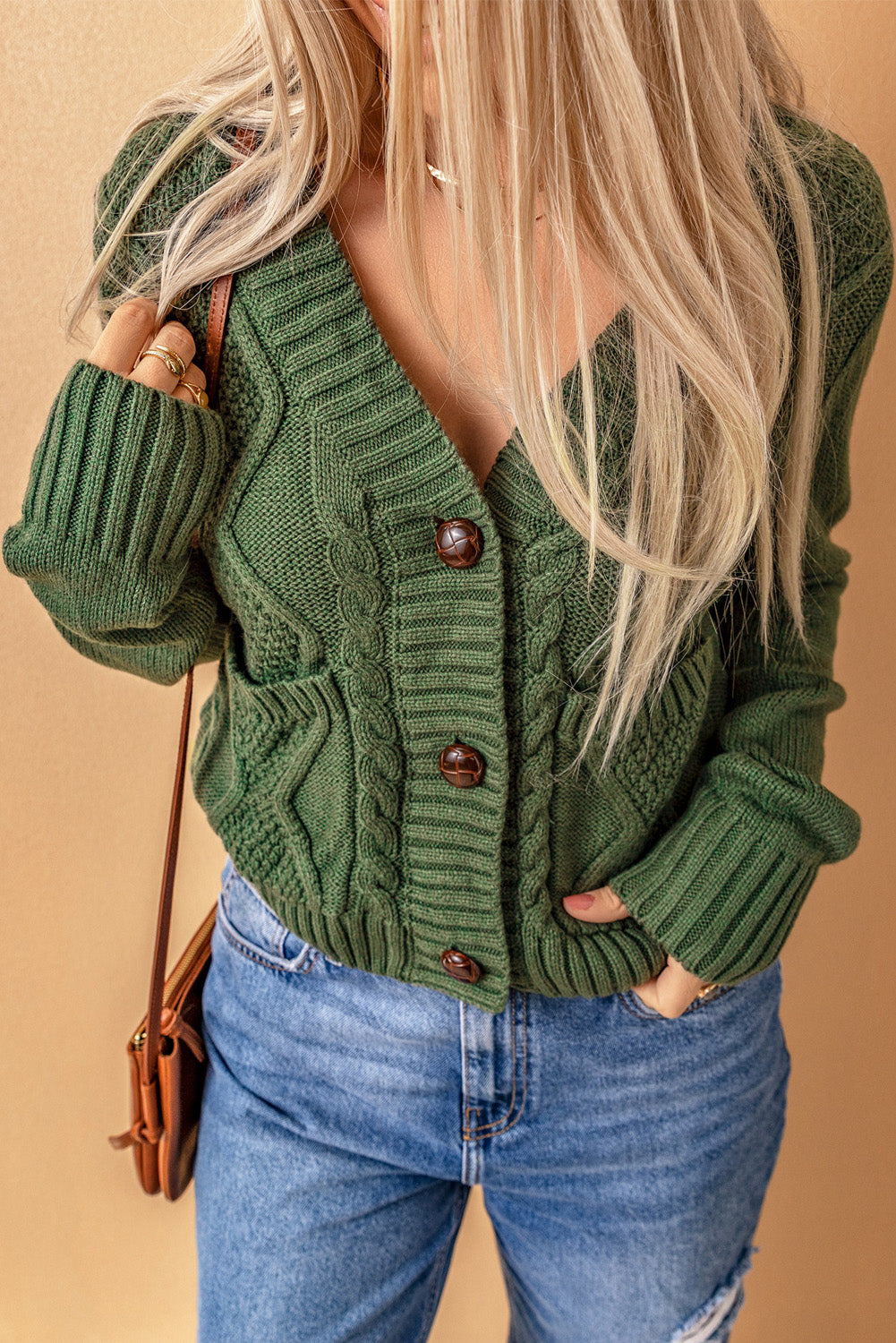 Mixed Knit Button Down Cardigan with Pockets Trendsi