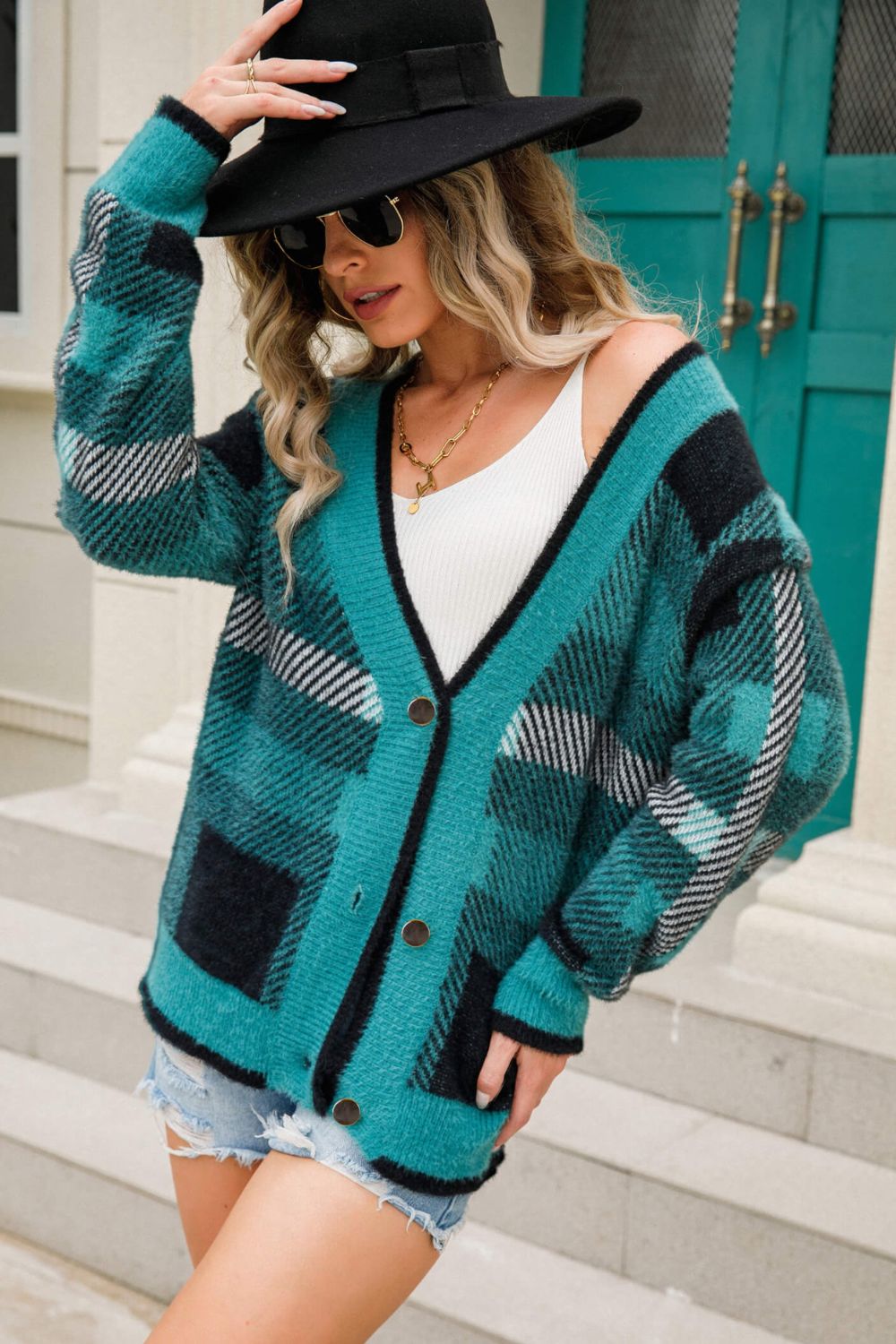 Striped Button-Front Fuzzy Cardigan Trendsi
