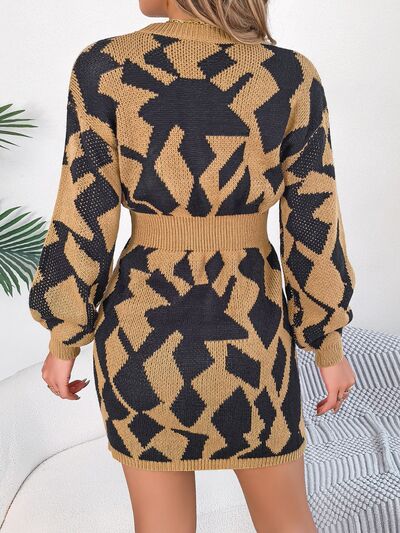 Contrast Round Neck Cutout Long Sleeve Mini Sweater Dress