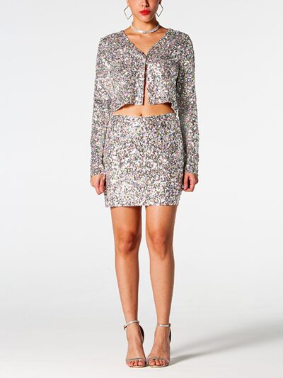 Sequin V-Neck Top and Mini Skirt Set