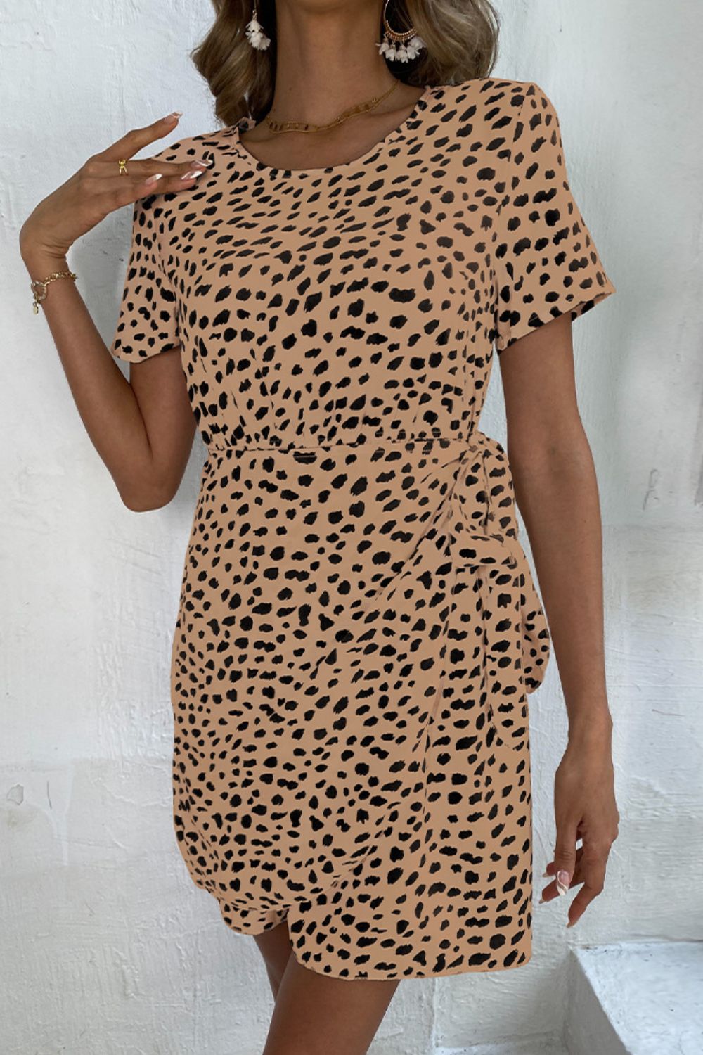 Animal Print Belted Keyhole Round Neck Dress - Caramel / XS Girl Code