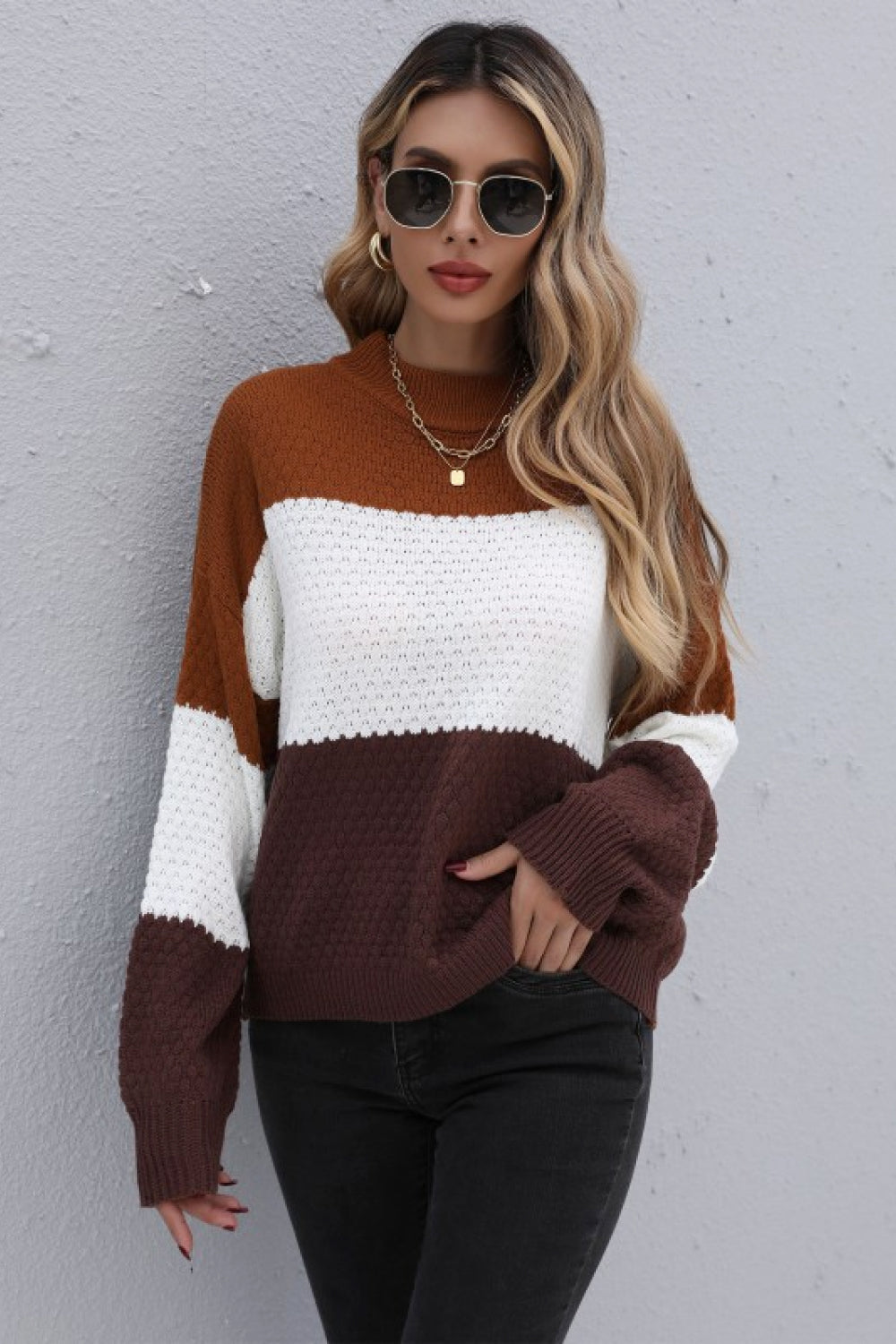 Color Block Long Sleeve Sweater - Brown / S Sweater Girl Code