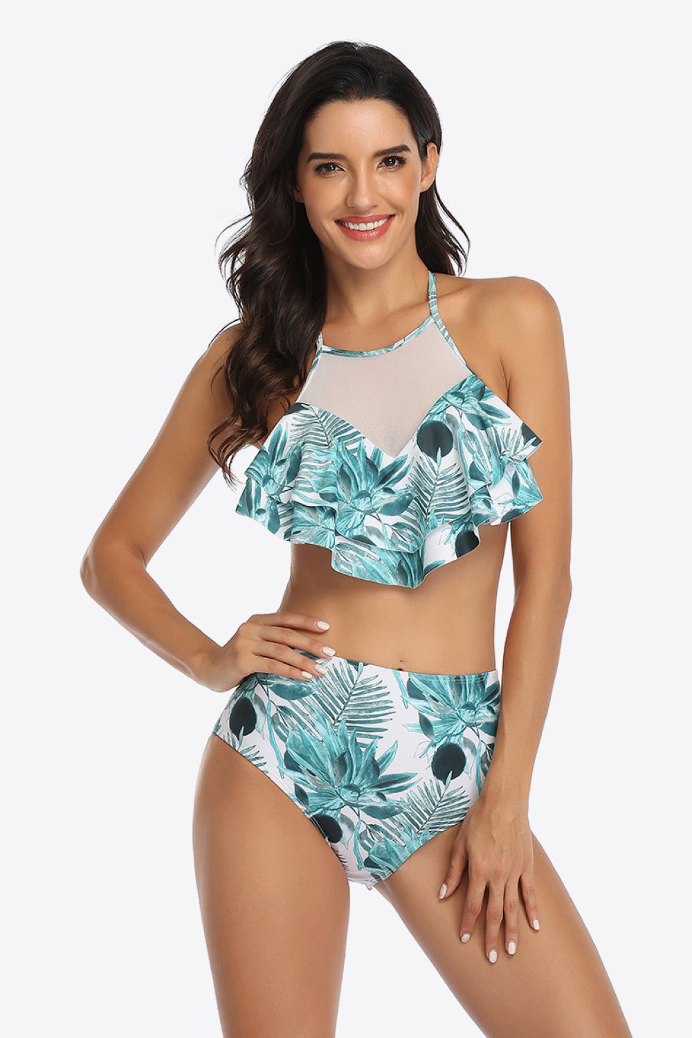 Tropical Print Ruffled Two-Piece Swimsuit Trendsi