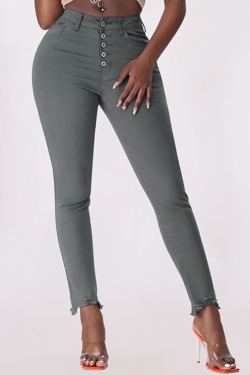 Button Fly Hem Detail Skinny Jeans - Gray / S Girl Code
