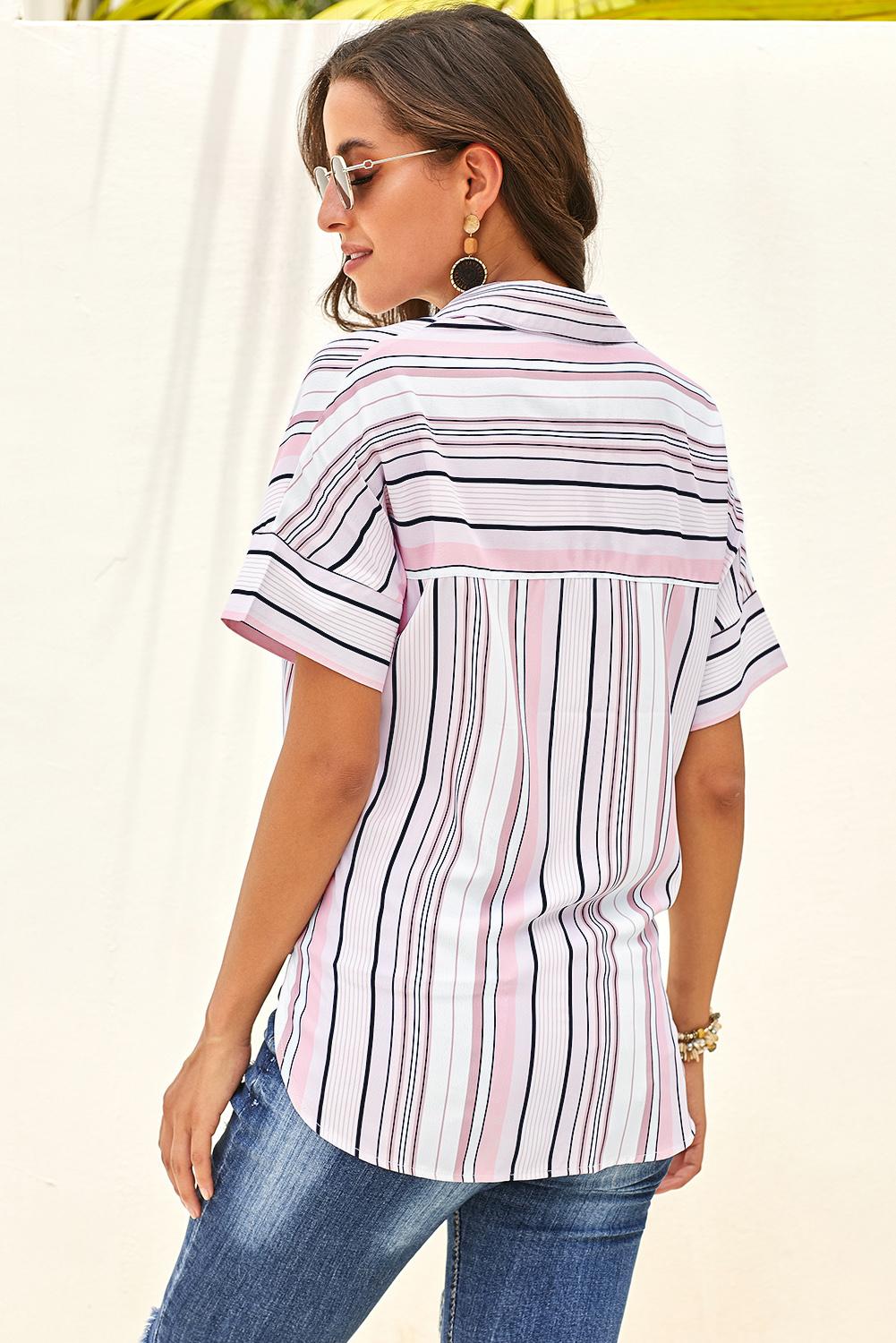 Striped Collared Neck Button-down Pocketed Top Trendsi