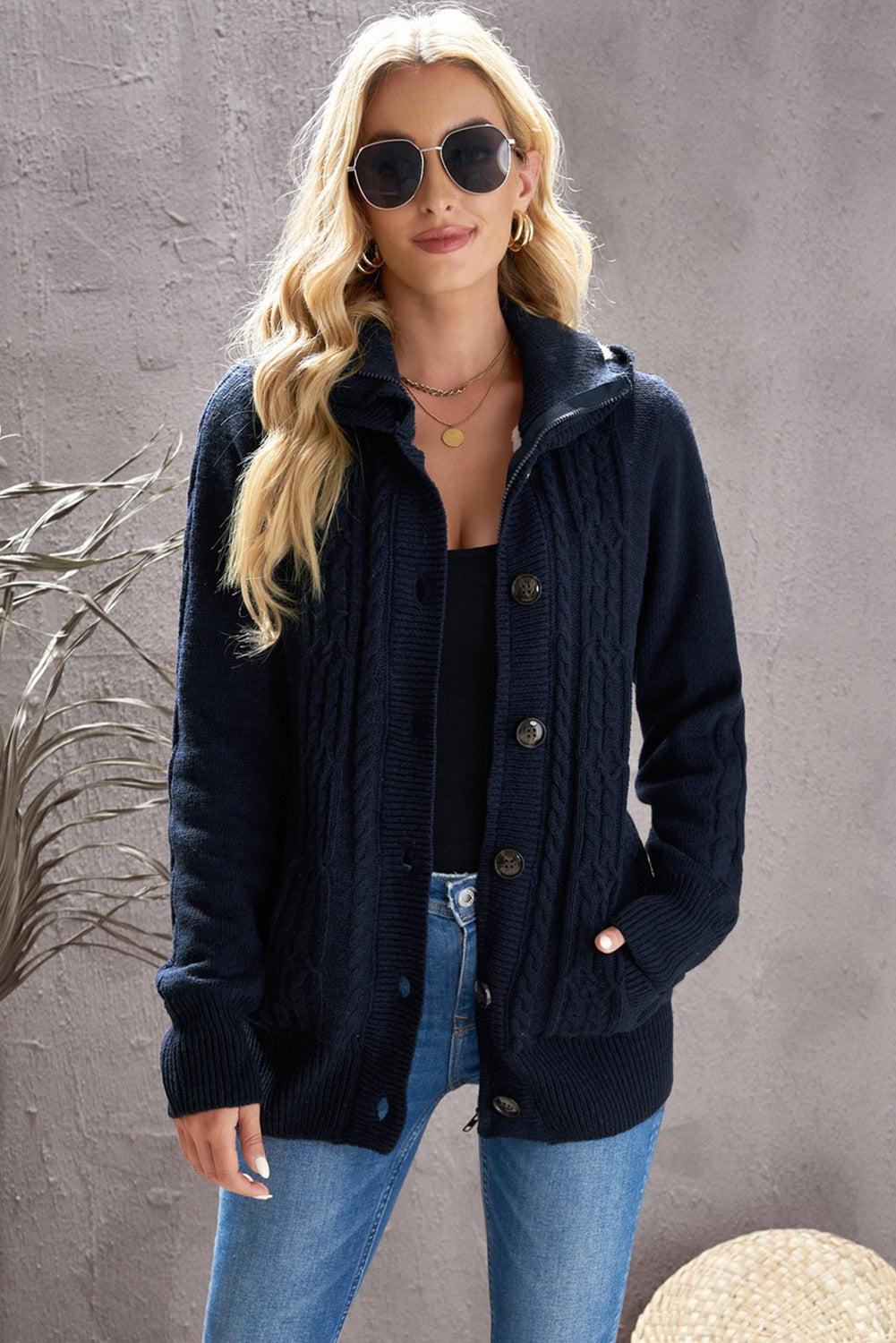 Cable-Knit Fleece Lining Button-Up Hooded Cardigan - Navy Blue / S Apparel & Accessories Girl Code