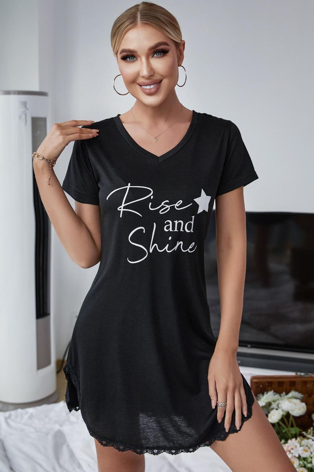 RISE AND SHINE Contrast Lace V-Neck T-Shirt Dress Trendsi