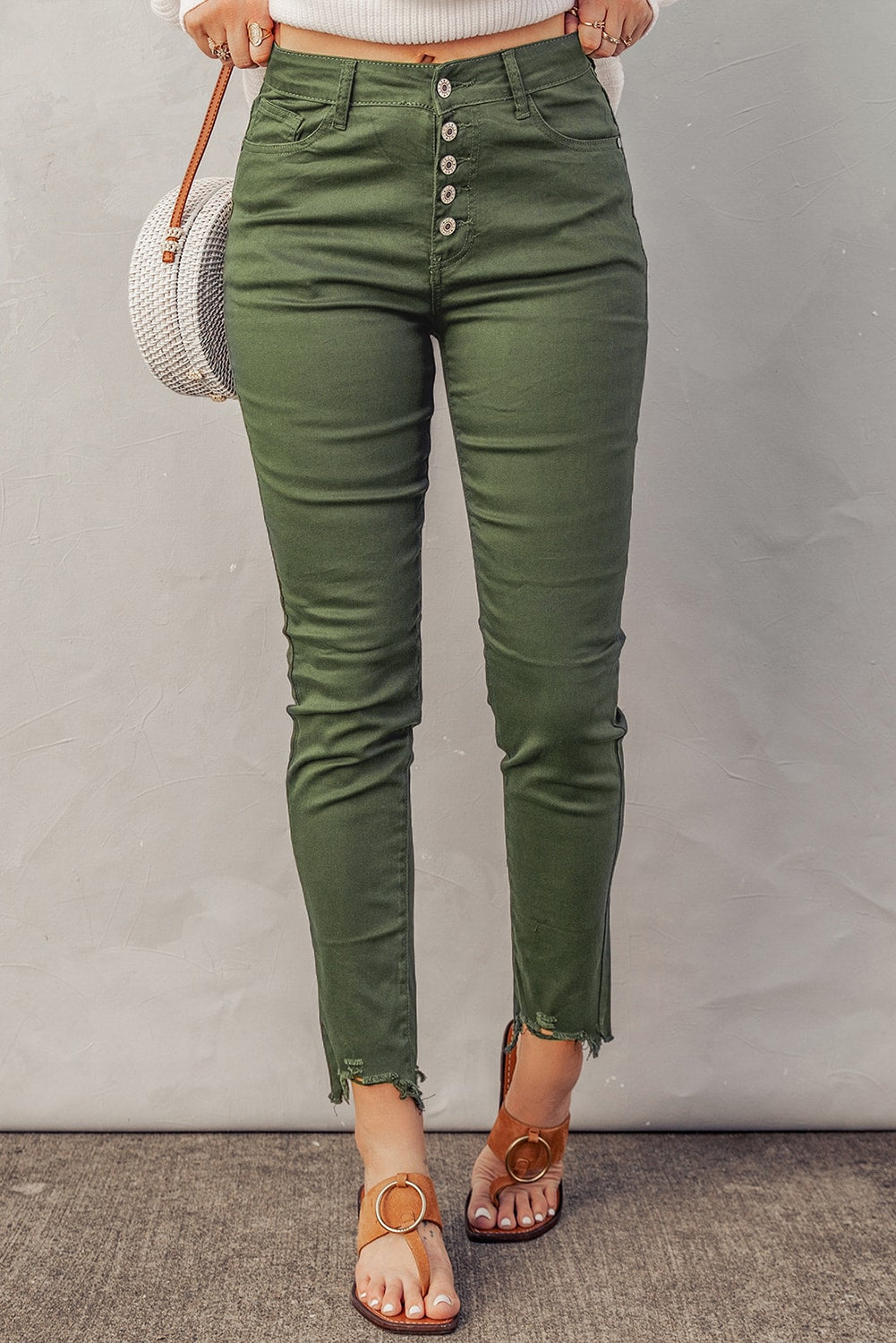 Button Fly Hem Detail Skinny Jeans - Moss / XL Girl Code